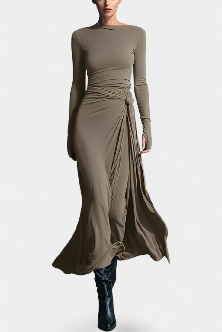 Boat Neck Long Sleeve Ruched Twist High Slit Maxi Dress 8