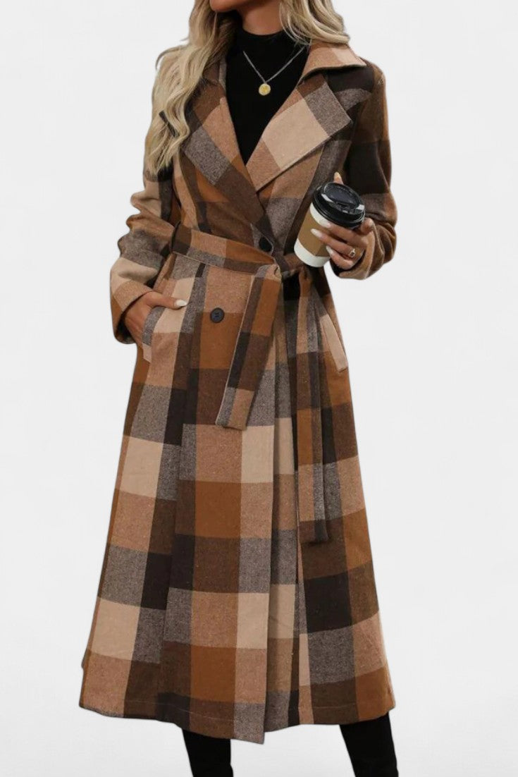 Notched Lapel Belted Plaid Wool Long Coat 3