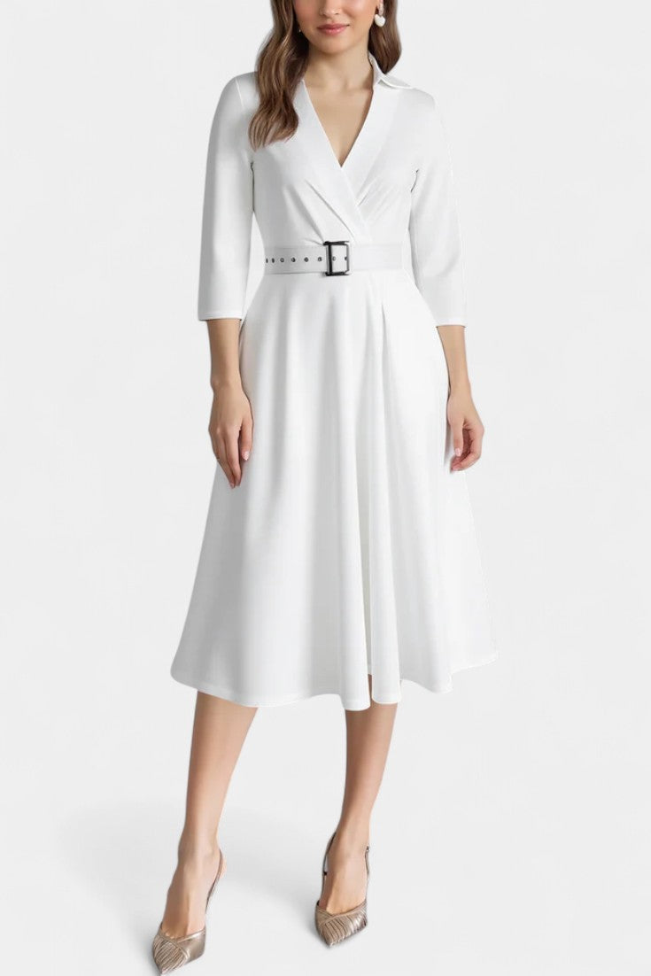 Collared V-Neck Surplice Belted A-Line Midi Dress 6