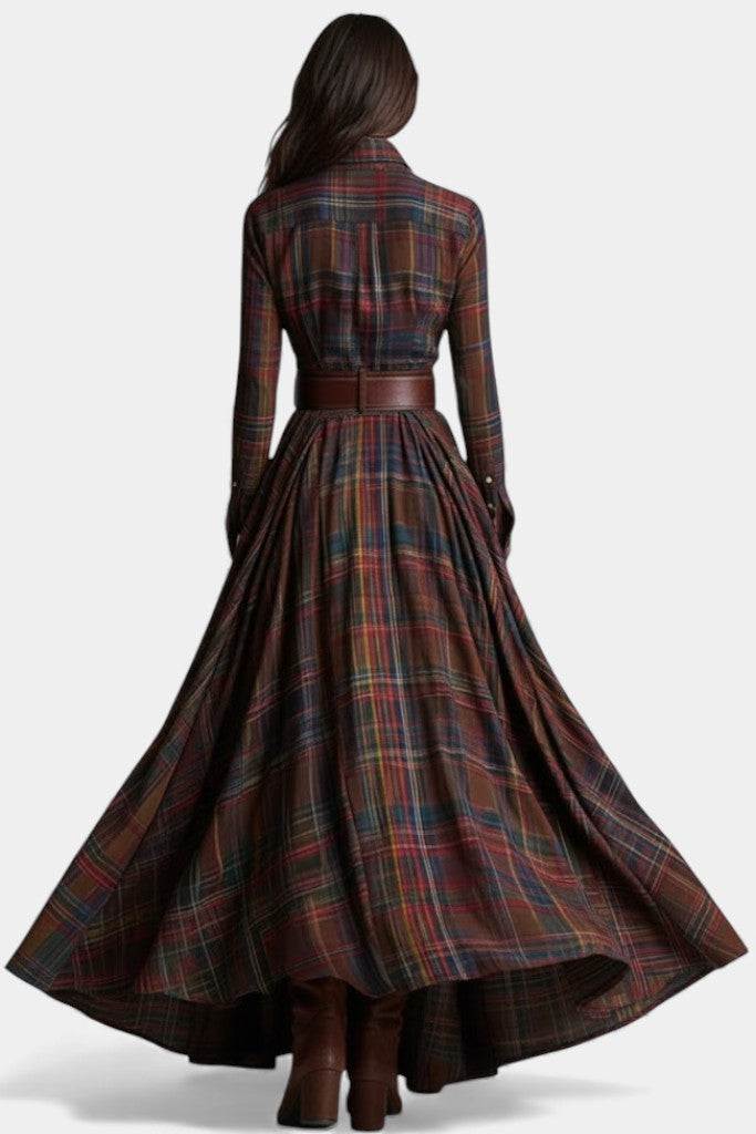 Reddish Brown Collared Plaid Button Front Belted Long Sleeve Flowing Maxi Dress 4
