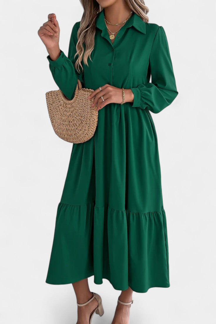 Collared Button-Front Long Sleeve Tiered Shirt Midi Dress 7