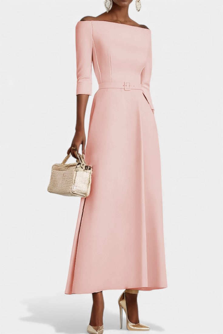 Off-Shoulder Half Sleeve Belted Waist A-Line Maxi Dress