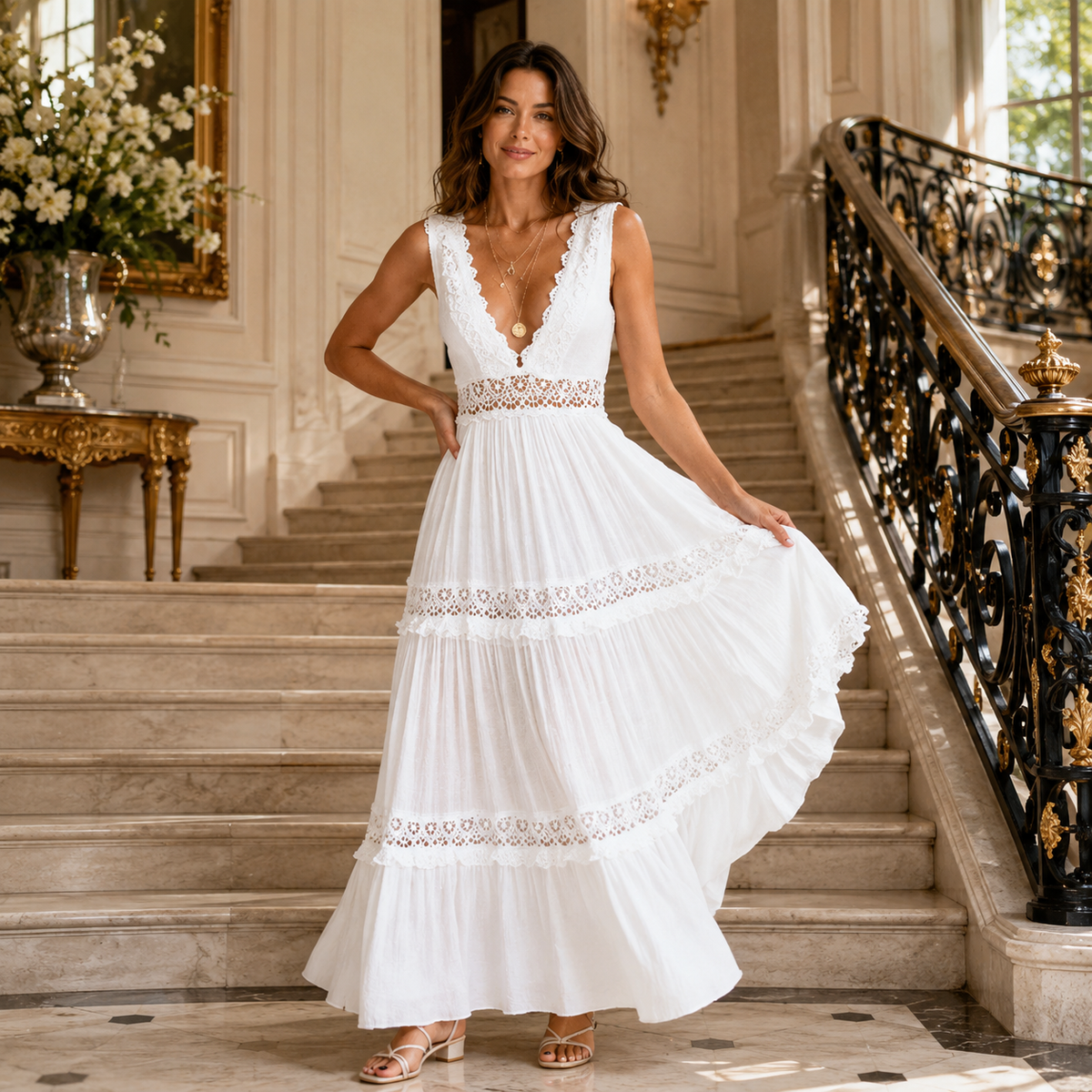 V-Neck Lace Trim Crochet Inset Sleeveless Tiered Boho Maxi Dress