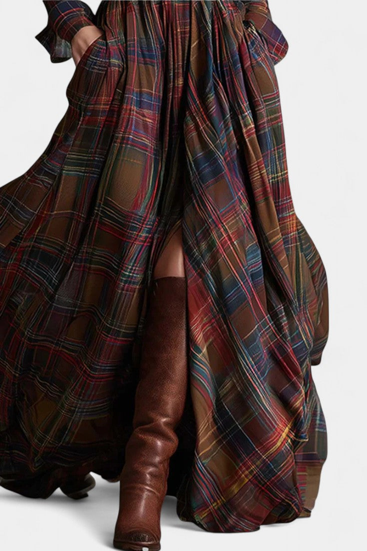 Reddish Brown Collared Plaid Button Front Belted Long Sleeve Flowing Maxi Dress 3