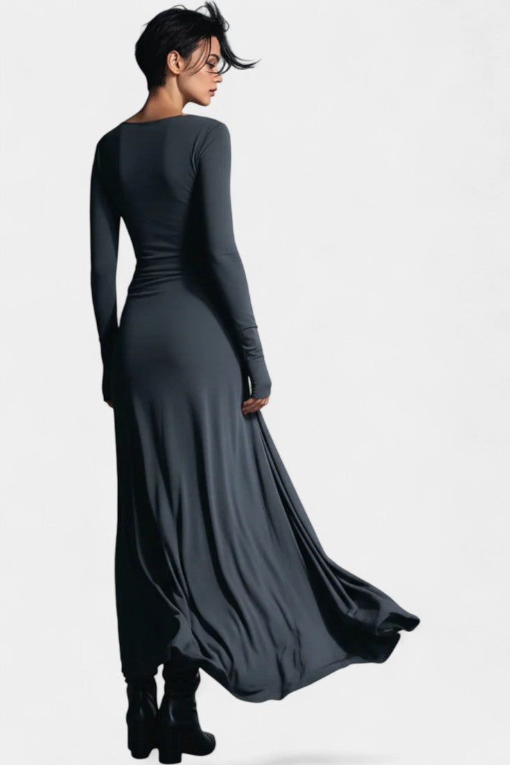 Boat Neck Long Sleeve Ruched Twist High Slit Maxi Dress 4