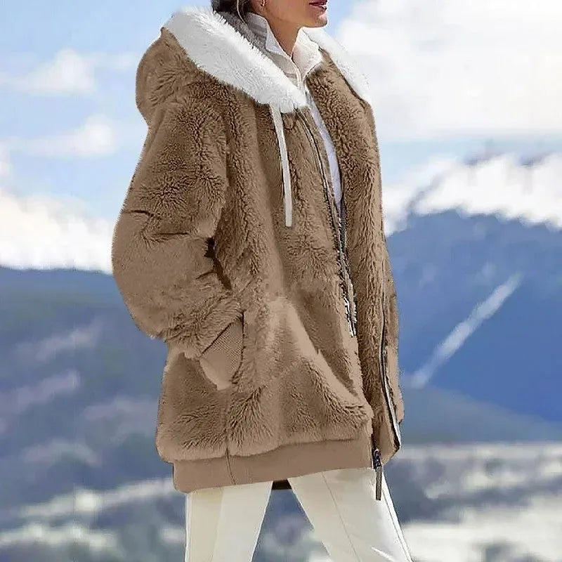 Hooded Zip Front Colorblock Patchwork Fleece Sherpa Jacket