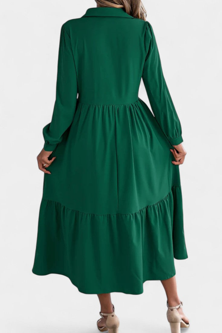 Collared Button-Front Long Sleeve Tiered Shirt Midi Dress 8