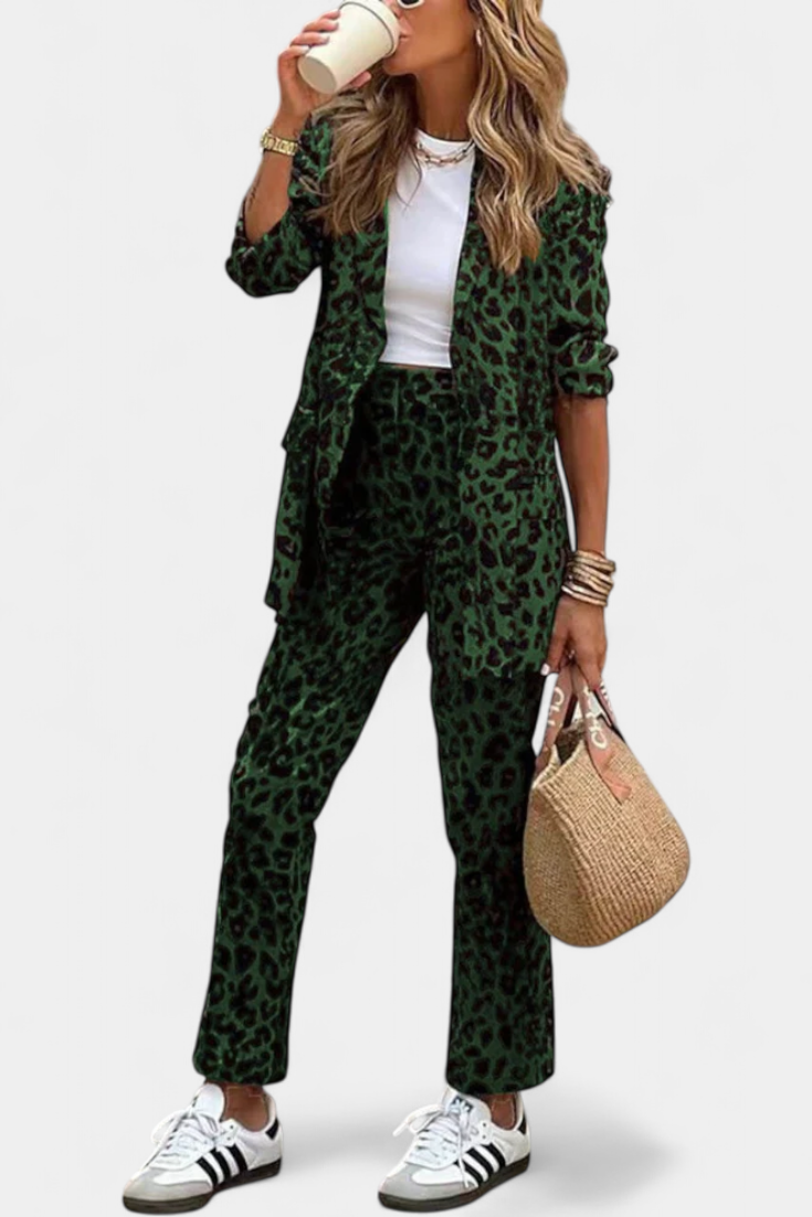 Lapel Collar Leopard Print Blazer High Waisted Trousers Set 5