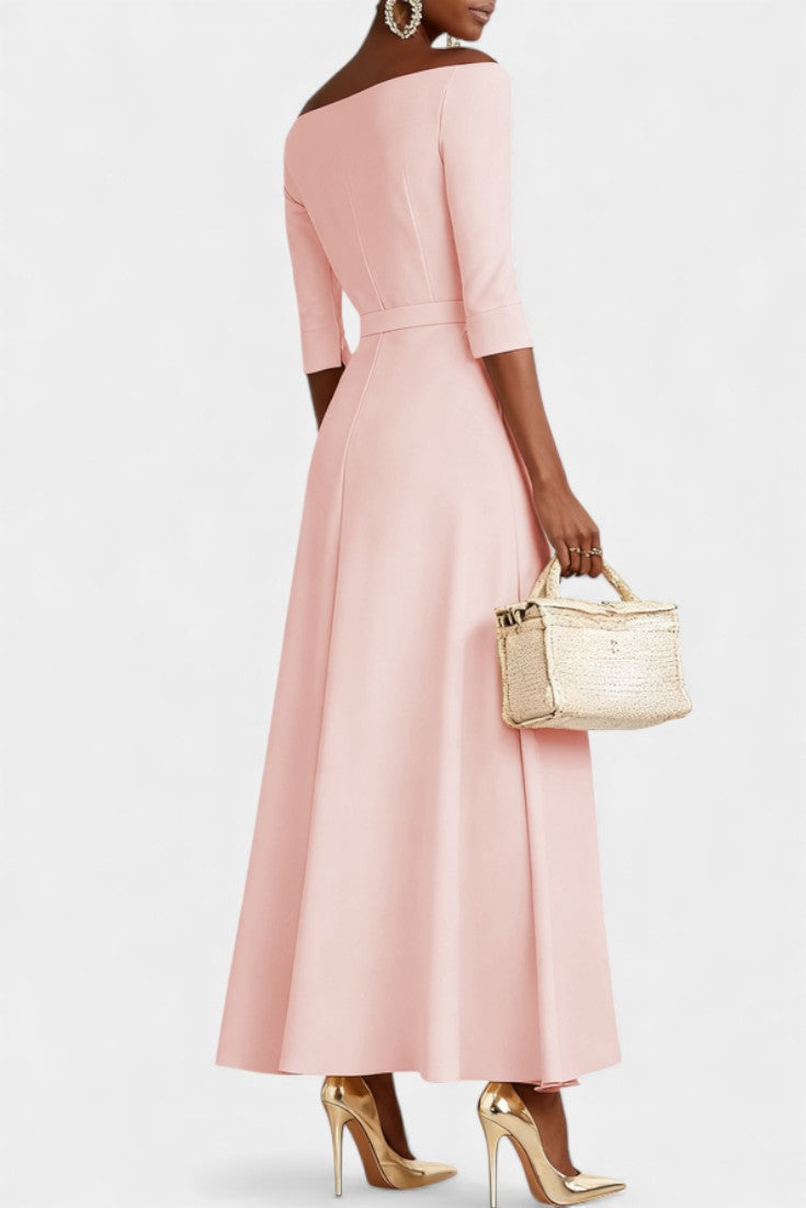 Off-Shoulder Half Sleeve Belted Waist A-Line Maxi Dress 2