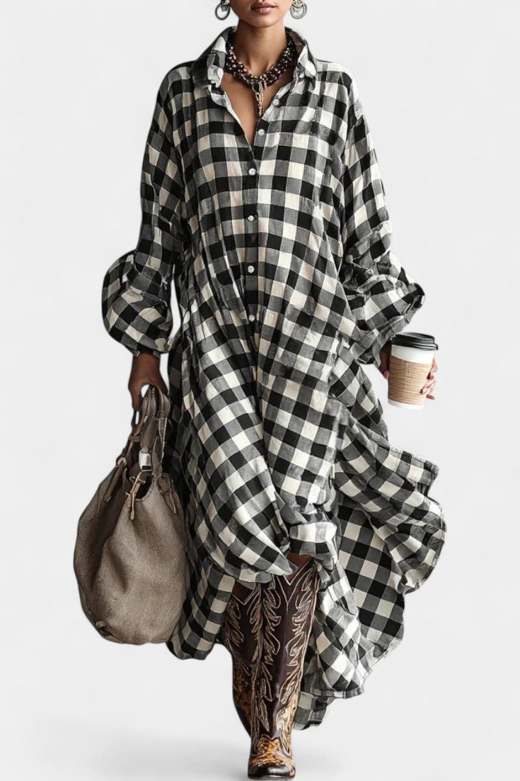 Black Collared Gingham Check Long Sleeve Button Front Oversized Maxi Dress