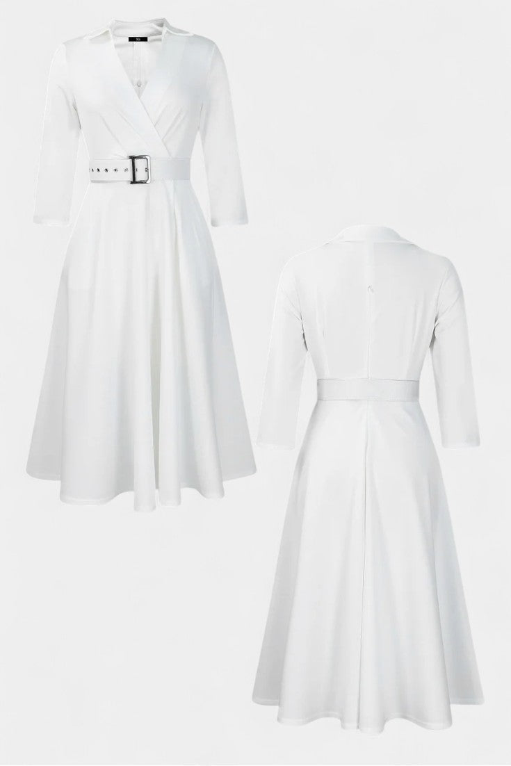 Collared V-Neck Surplice Belted A-Line Midi Dress 7