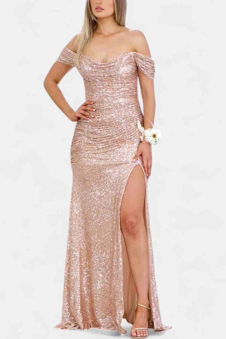 Off-Shoulder Sweetheart Sequin Ruched High Slit Mermaid Gown 7