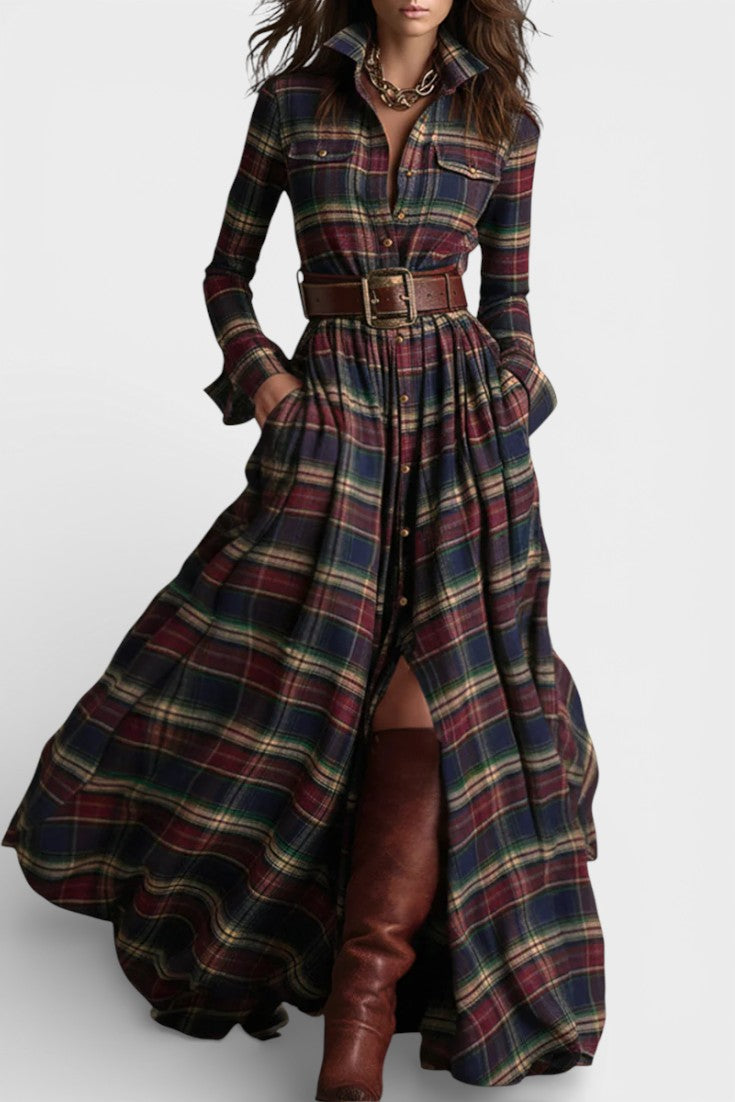 Collared Plaid Button Front Belted Pleated Long Sleeve Maxi Dress