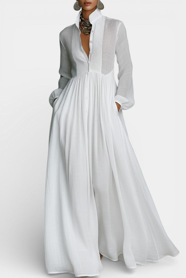 White Stand Collar Button Up Long Sleeve Flowy A-Line Maxi Dress