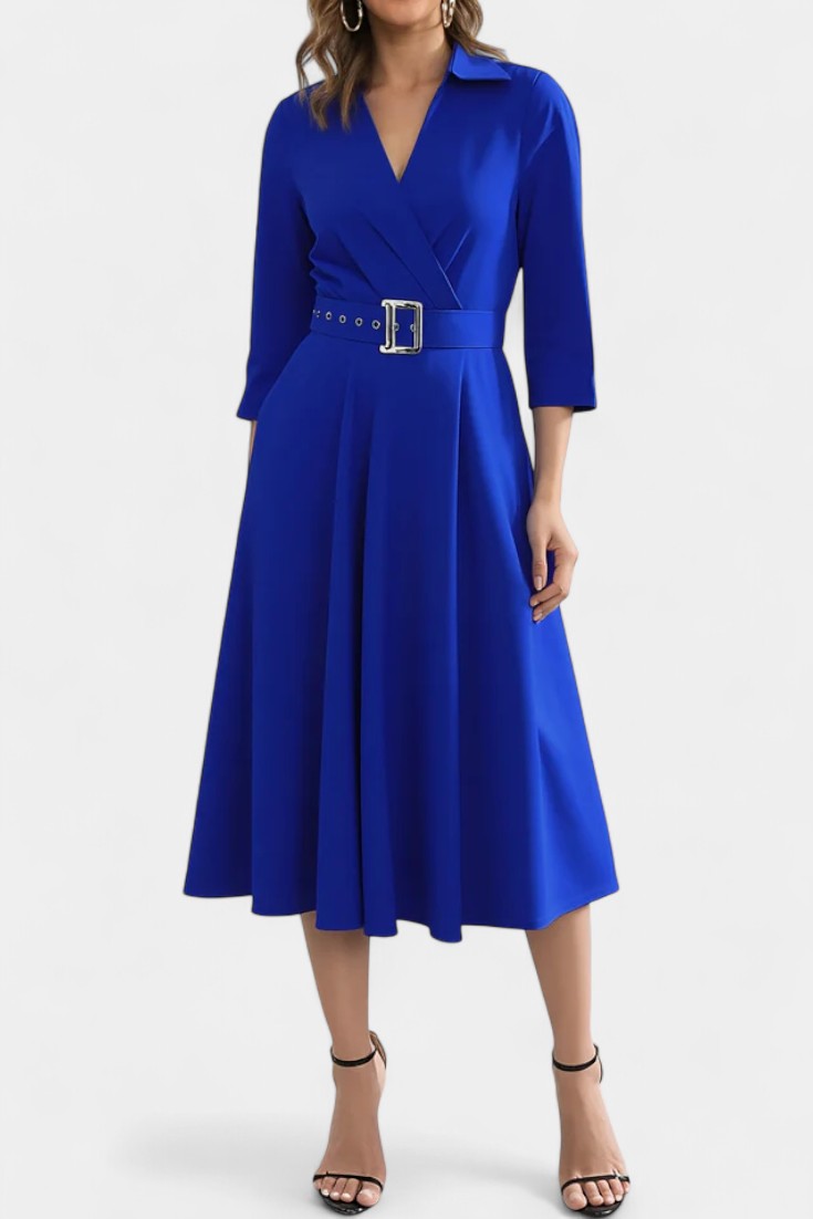 Collared V-Neck Surplice Belted A-Line Midi Dress