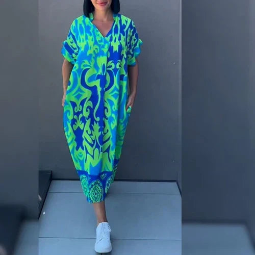 V-Neck Abstract Damask Print Short Sleeve Relaxed Maxi Dress