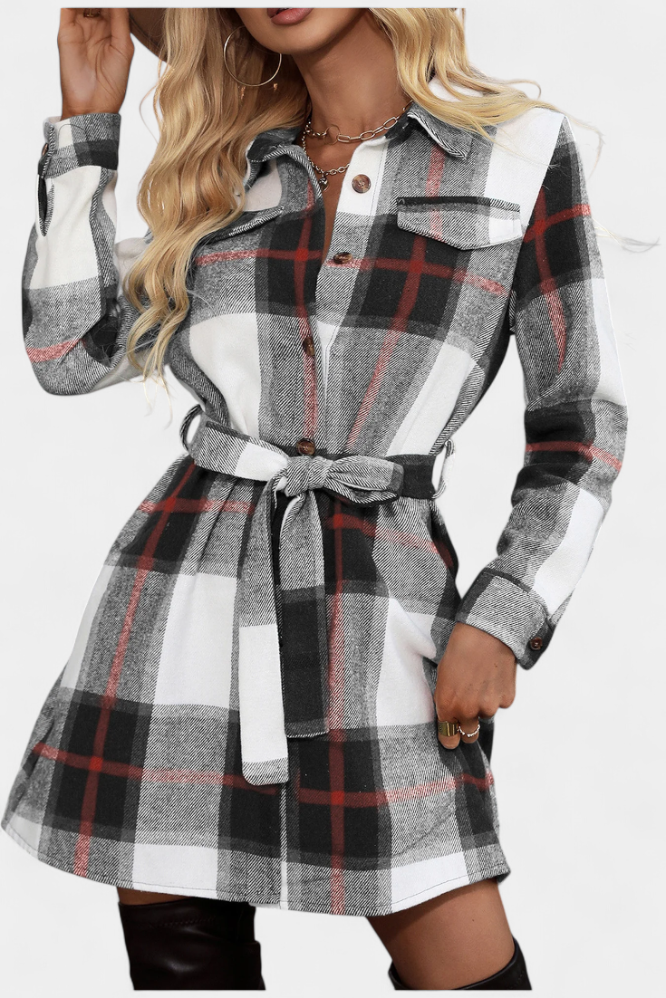 Collared Belted Plaid Check Long Sleeve Shirt Mini Dress 7