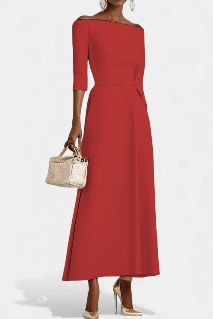 Off-Shoulder Half Sleeve Belted Waist A-Line Maxi Dress 8