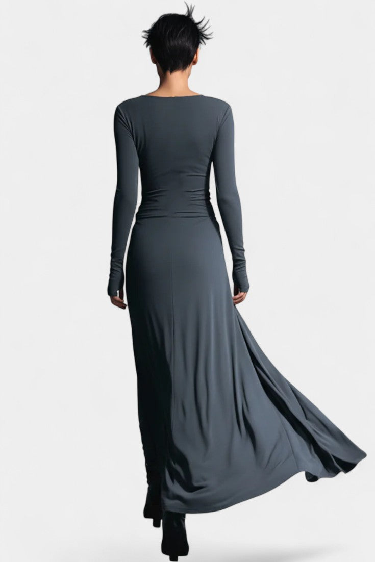 Boat Neck Long Sleeve Ruched Twist High Slit Maxi Dress 5