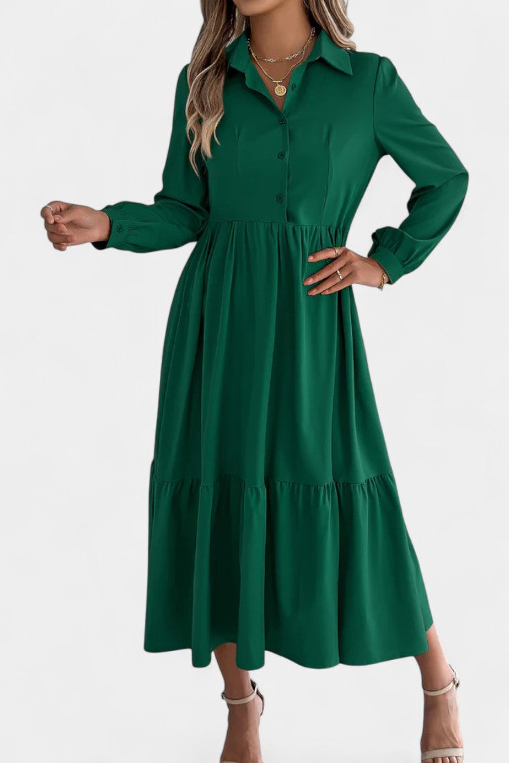 Collared Button-Front Long Sleeve Tiered Shirt Midi Dress 6