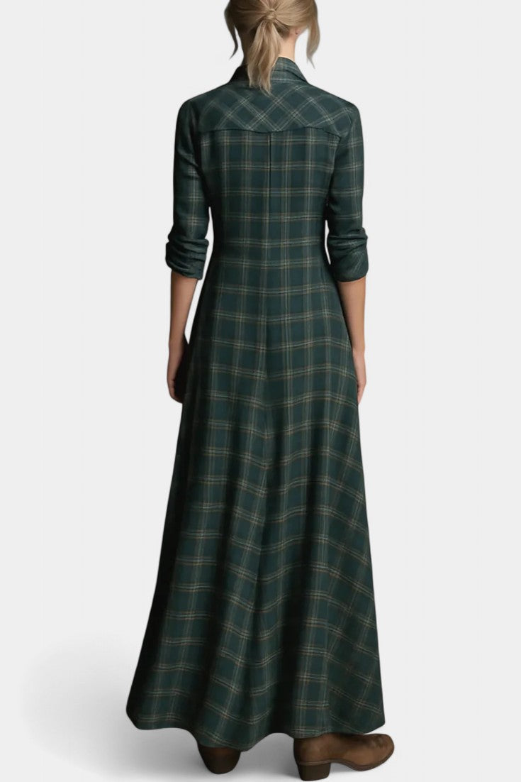 Collared Plaid Chest Pocket Button-Front Long Sleeve Shirt Maxi Dress 5