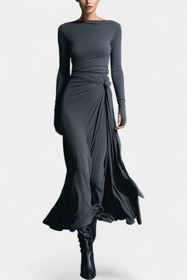 Boat Neck Long Sleeve Ruched Twist High Slit Maxi Dress