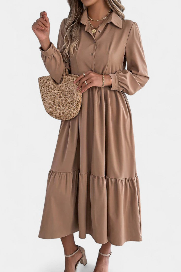 Collared Button-Front Long Sleeve Tiered Shirt Midi Dress 12