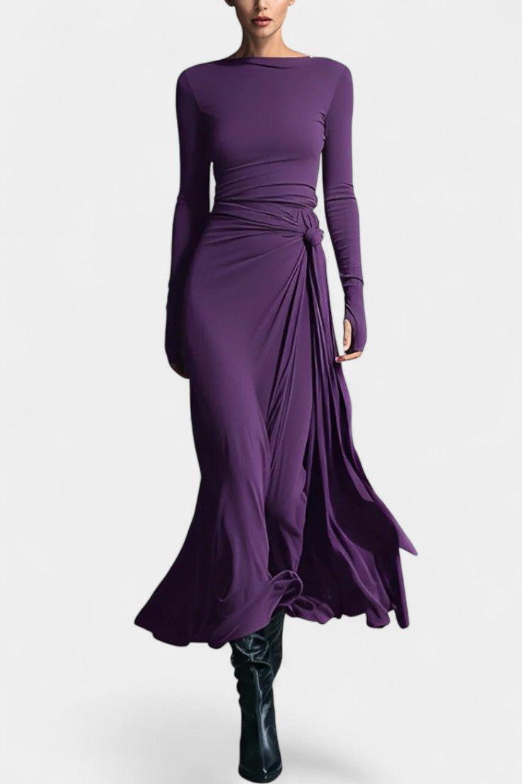 Boat Neck Long Sleeve Ruched Twist High Slit Maxi Dress 9