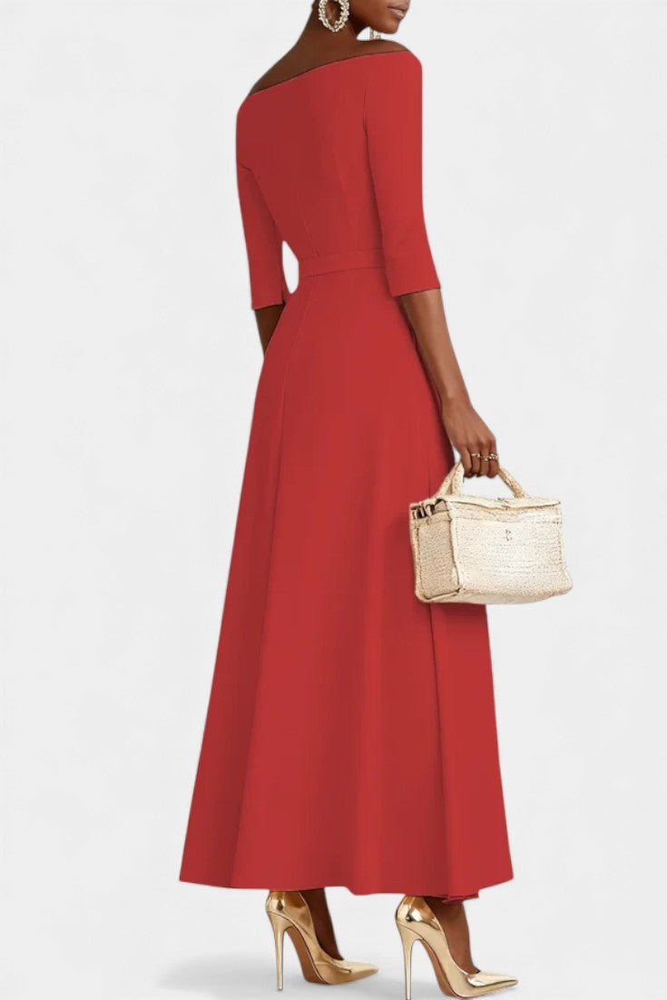 Off-Shoulder Half Sleeve Belted Waist A-Line Maxi Dress 9
