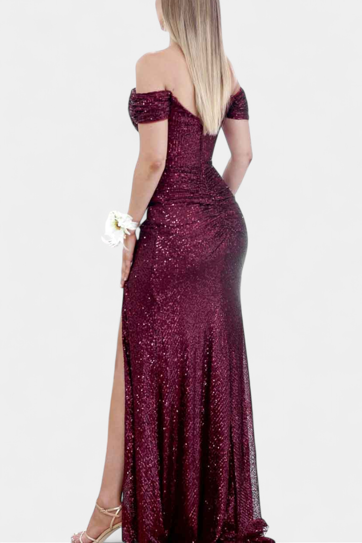 Off-Shoulder Sweetheart Sequin Ruched High Slit Mermaid Gown 2