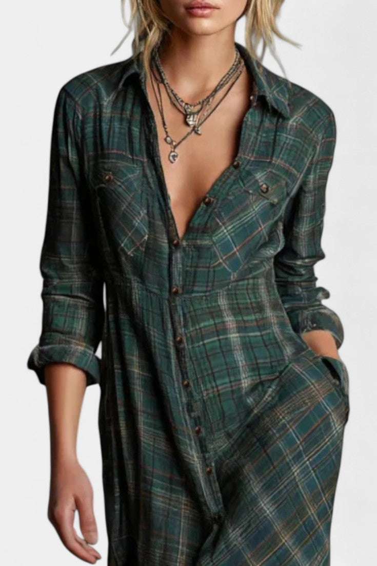 Collared Plaid Chest Pocket Button-Front Long Sleeve Shirt Maxi Dress 3