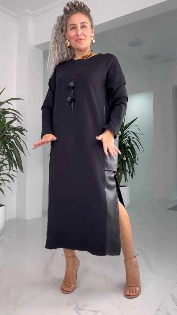 Round Neck Long Sleeve Side Slit Minimalist Shift Midi Dress