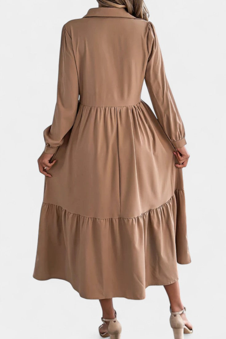 Collared Button-Front Long Sleeve Tiered Shirt Midi Dress 11