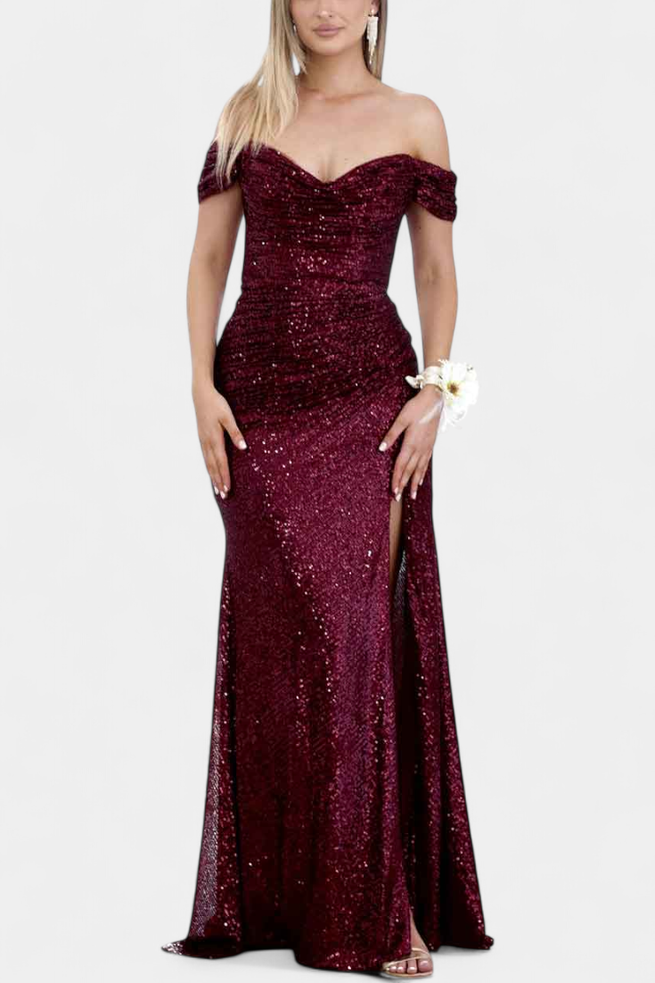 Off-Shoulder Sweetheart Sequin Ruched High Slit Mermaid Gown