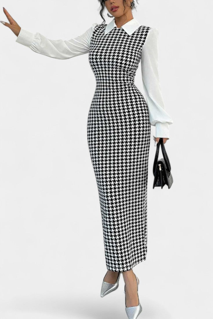White Collared Houndstooth Contrast Puff Sleeve Bodycon Maxi Dress 5