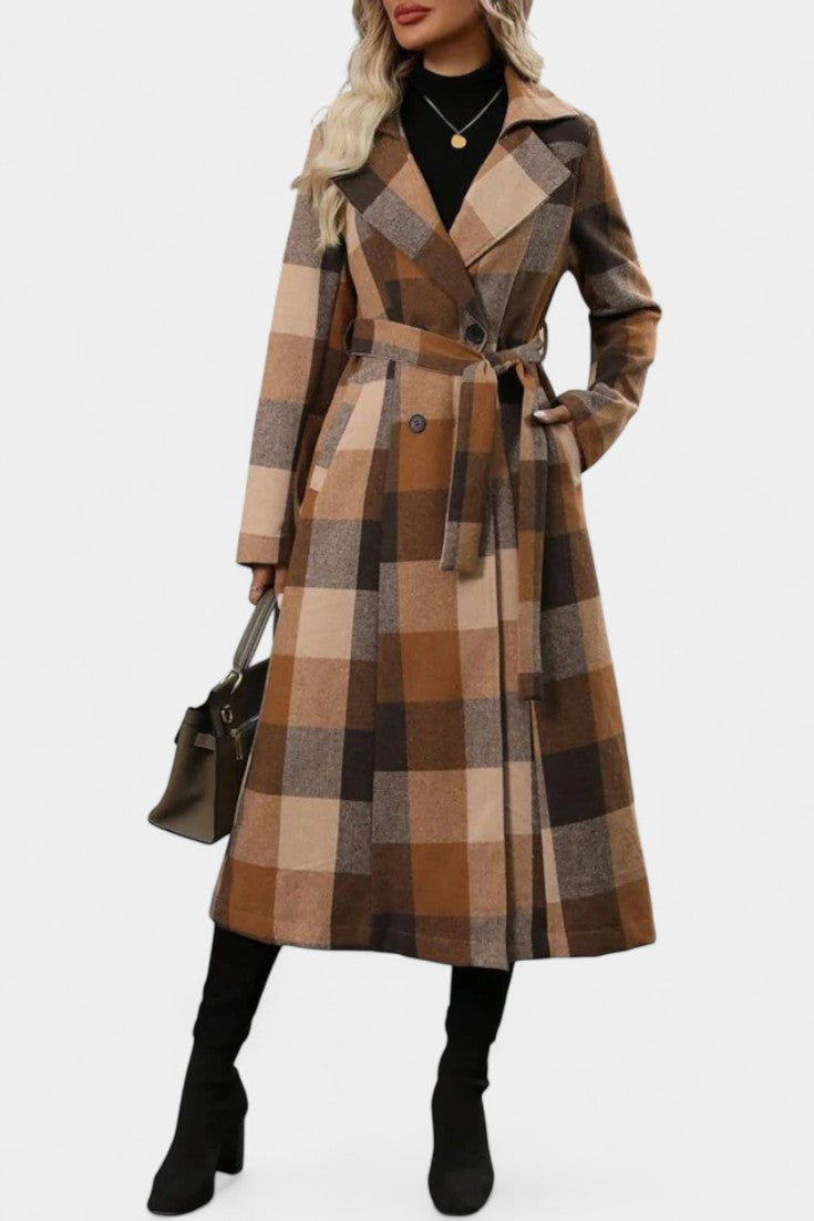 Notched Lapel Belted Plaid Wool Long Coat