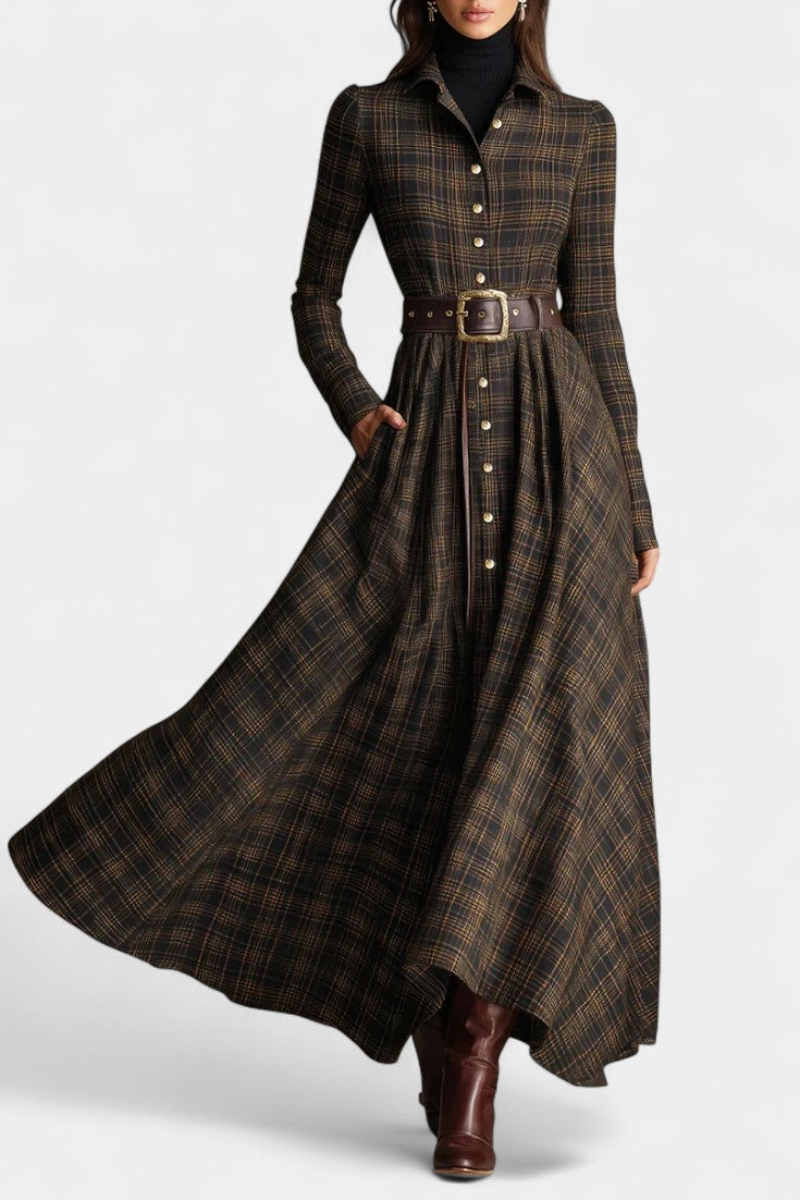 Brown Black Collared Long Sleeve Button Front Belted Plaid Flared Maxi Dress