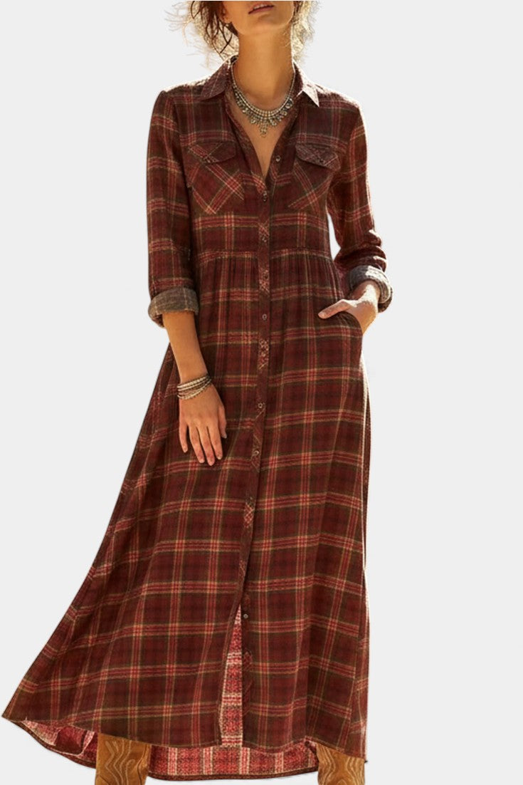 Collared Plaid Chest Pocket Button-Front Long Sleeve Shirt Maxi Dress 7