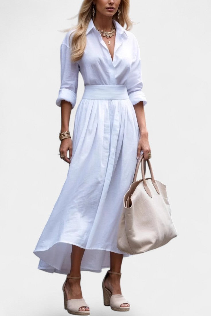 Collared Button Up Rolled Sleeve Pleated Shirt Maxi Dress