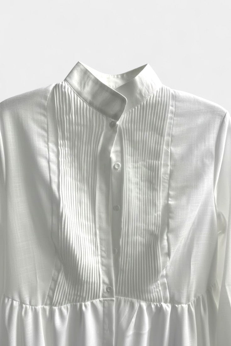 White Stand Collar Button Up Long Sleeve Flowy A-Line Maxi Dress 5
