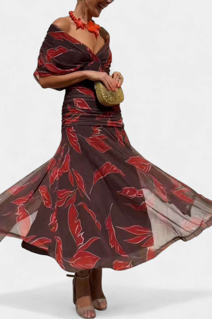 Off-Shoulder Twist Front Ruched Chiffon Flowy Maxi Dress