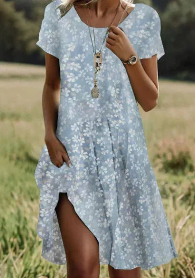Round Neck Short Sleeve Abstract Stripe Print Shift Midi Dress 2