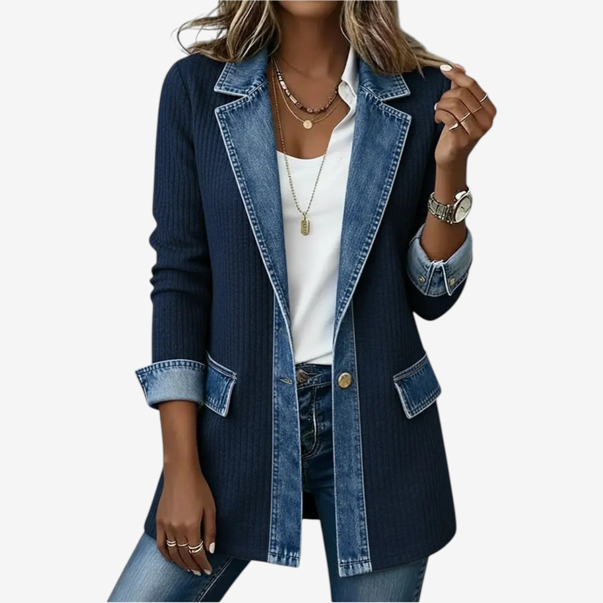 Notched Lapel Corduroy Denim Contrast Button Front Jacket 6