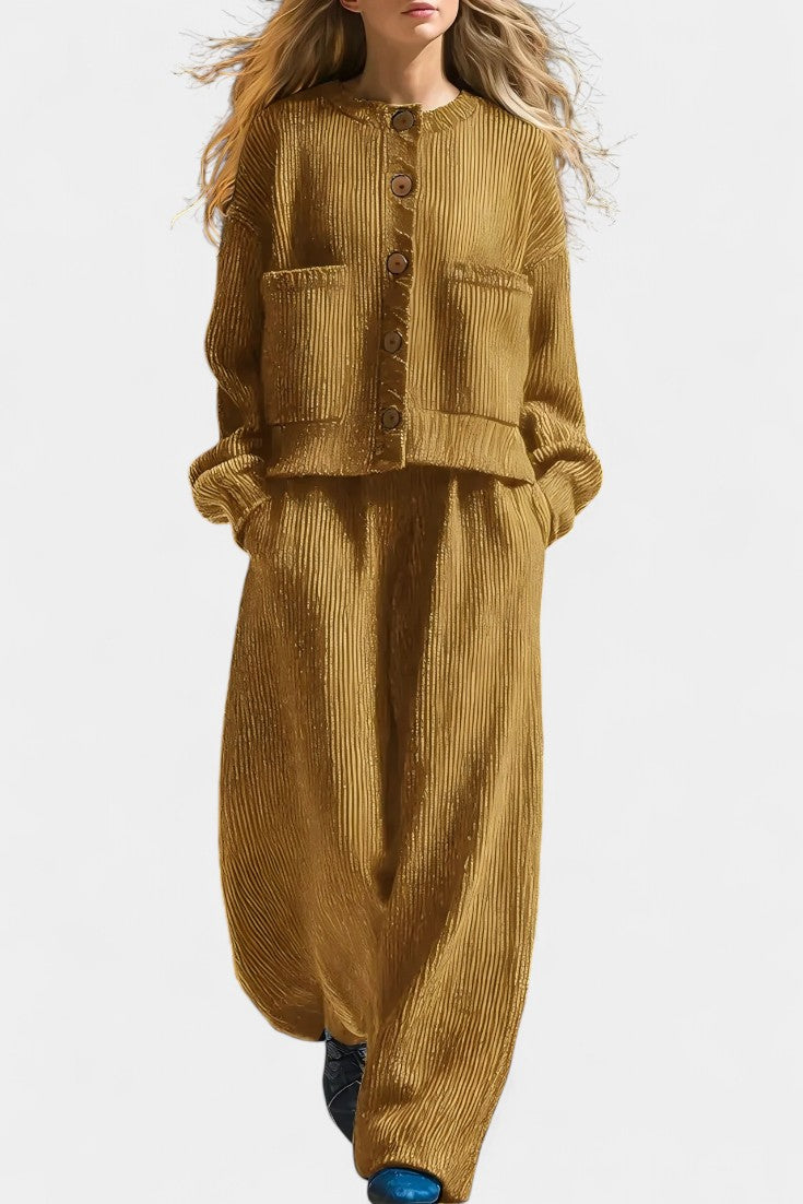 Button Front Textured Patch Pocket Cardigan and Wide Leg Pants Set 3