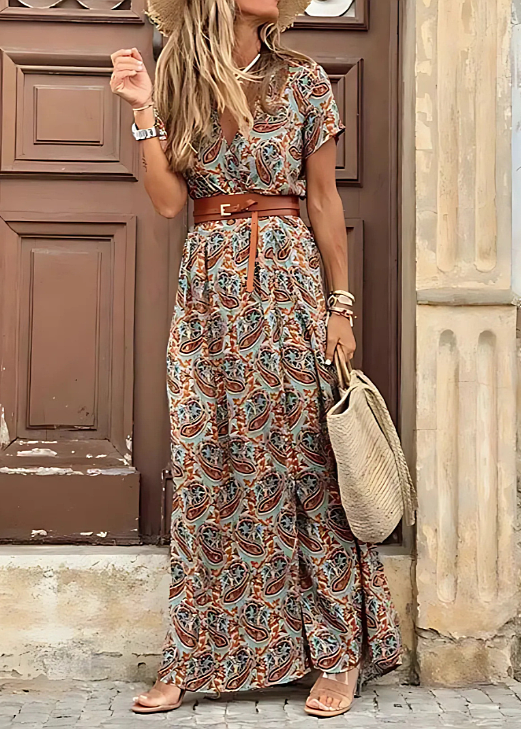 V-Neck Cap Sleeve Paisley Print High Slit Maxi Dress 5