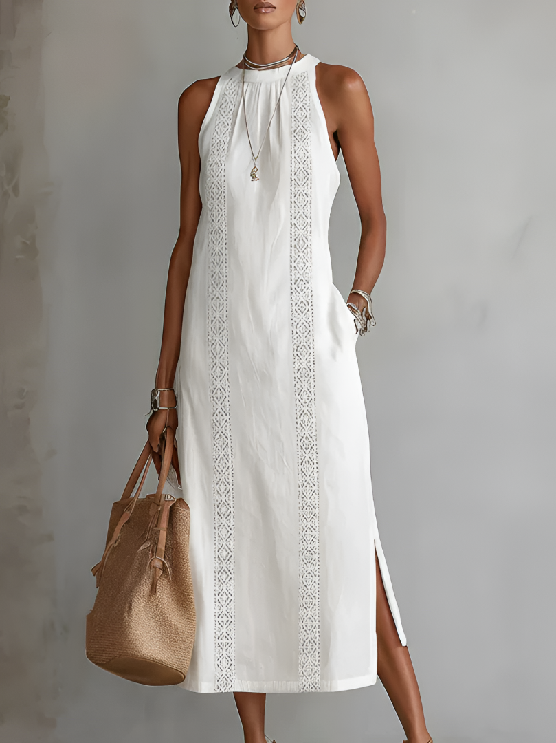 Mock Neck Sleeveless Crochet Lace Panel Side Slit Maxi Dress
