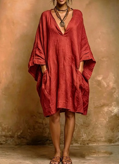 V-Neck Batwing Sleeve Oversized Linen Shift Midi Dress 5