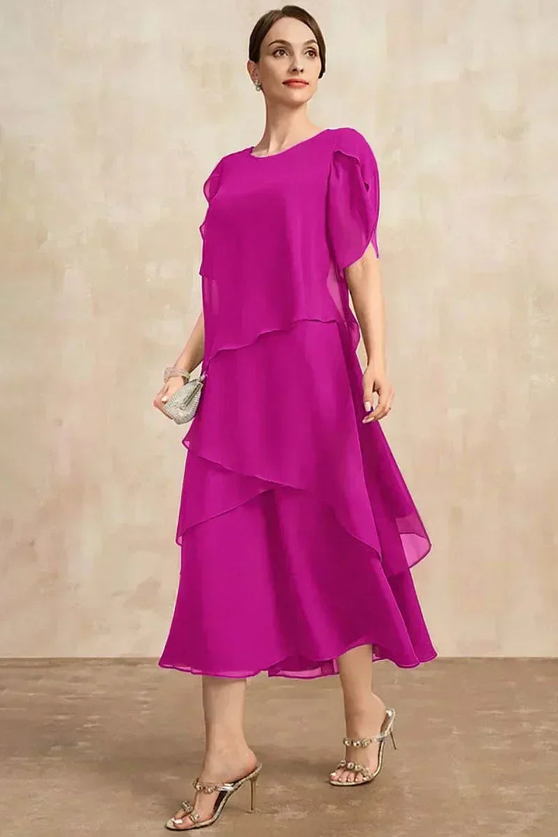 Round Neck Chiffon Tiered Layered Short Sleeve A-Line Midi Dress