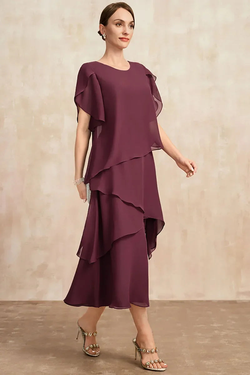 Round Neck Chiffon Tiered Layered Short Sleeve A-Line Midi Dress 2