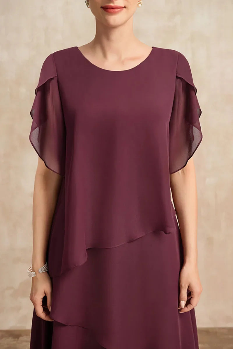 Round Neck Chiffon Tiered Layered Short Sleeve A-Line Midi Dress 3